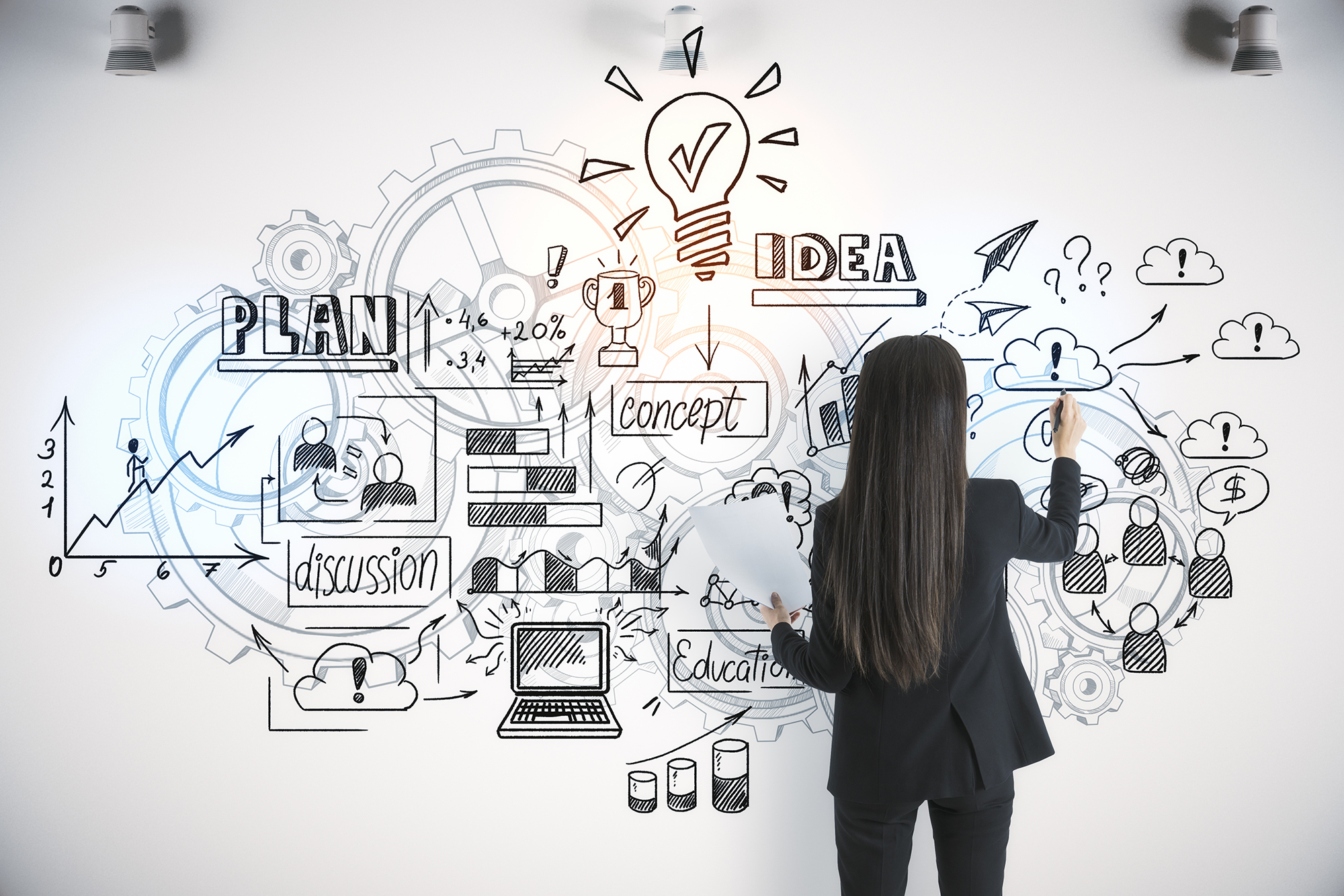 Businesswoman with paper drawing marketing plan